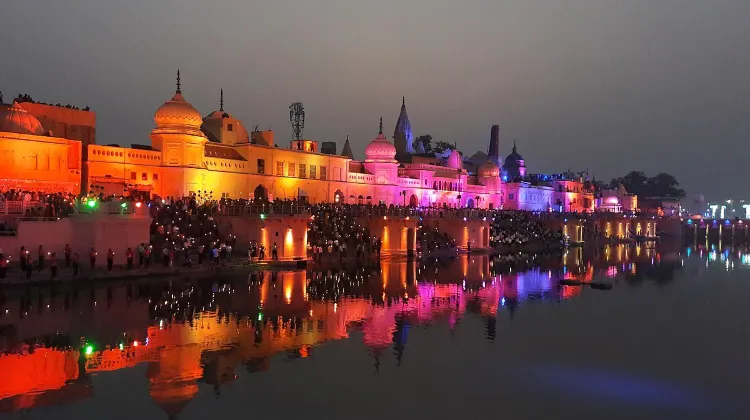 ram navami 2025 - Banks of Sarayu River and modern-day Ayodhya by night