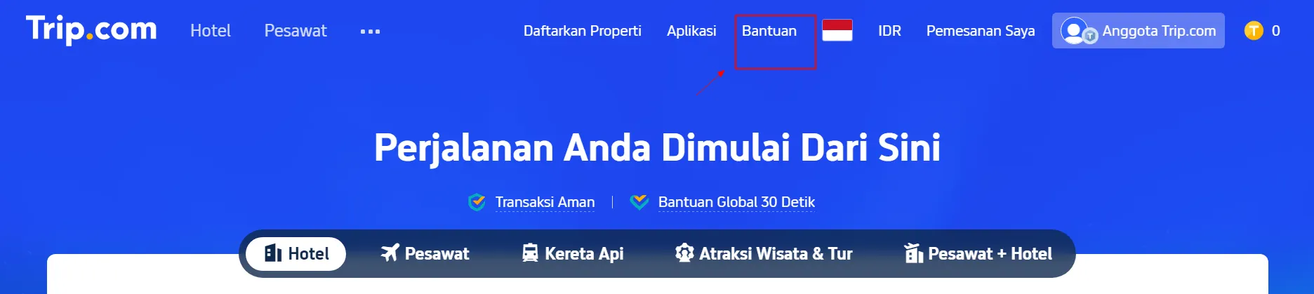 Langkah 1: Ketuk "Bantuan" di Bagian Atas Situs Web Trip.com