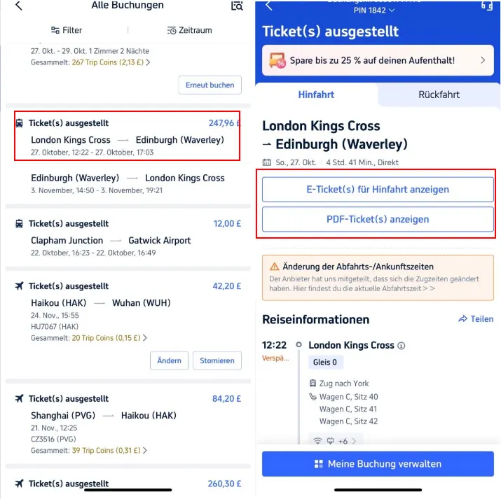 So erhältst du dein digitales Bahnticket mit der Trip.com App
