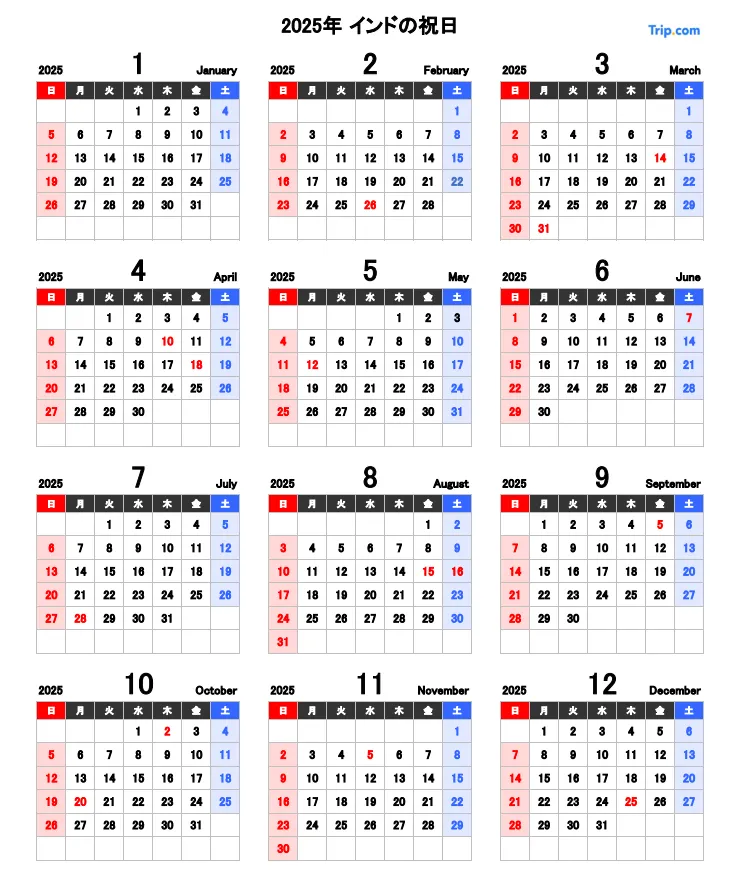 2025年のインドの祝日カレンダー