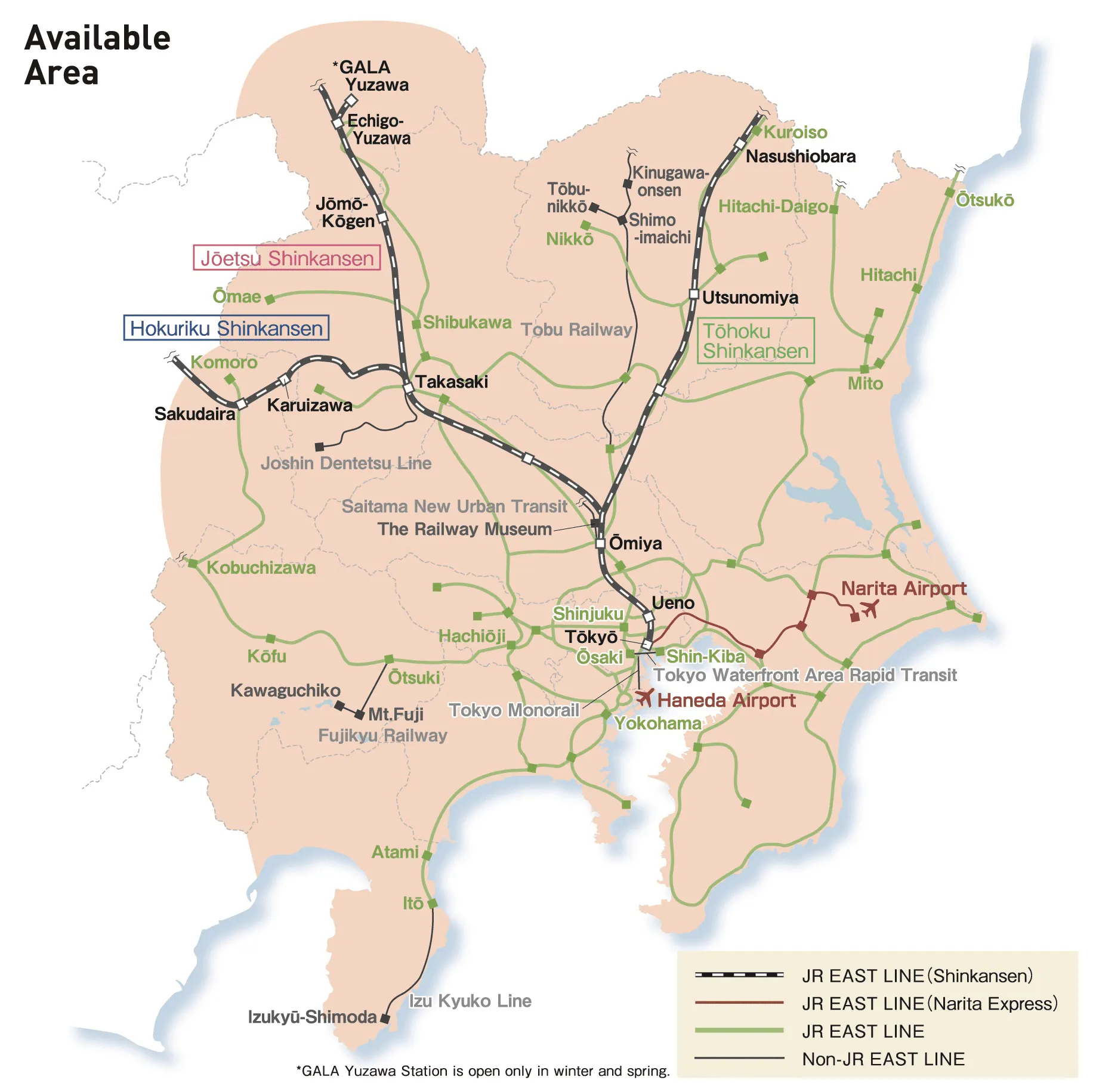 Routes covered by JR Pass TOKYO Wide