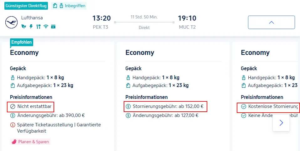 Preisinformationen und Stornierungsgebühren