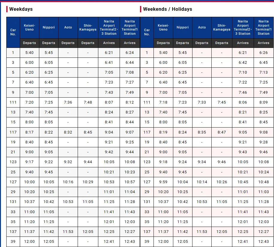Keisei Skyliner: расписание