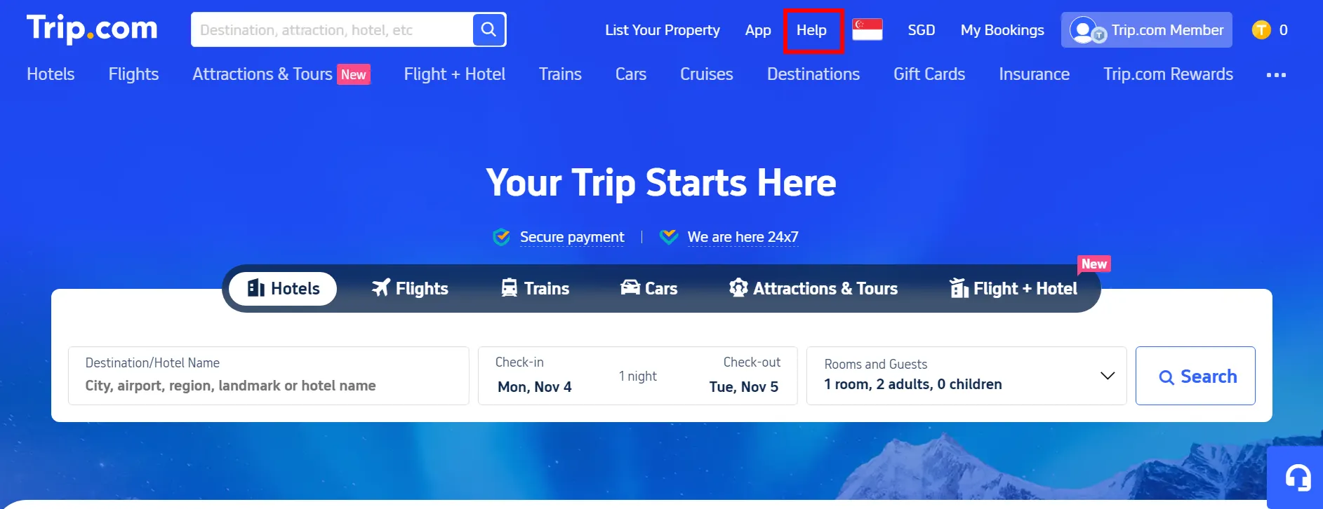 Step 1: Tap "Help" at the Top of the Trip.com website