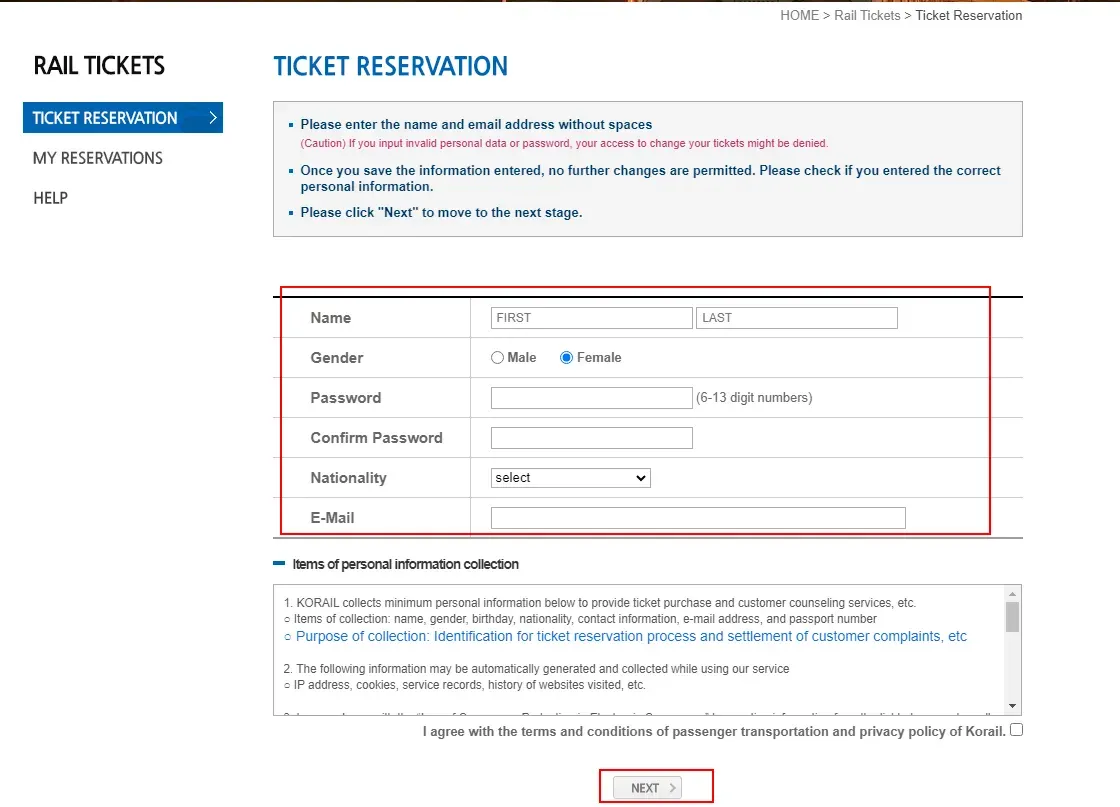 การลงทะเบียน และการซื้อตั๋วในเว็บไซต์ Korail