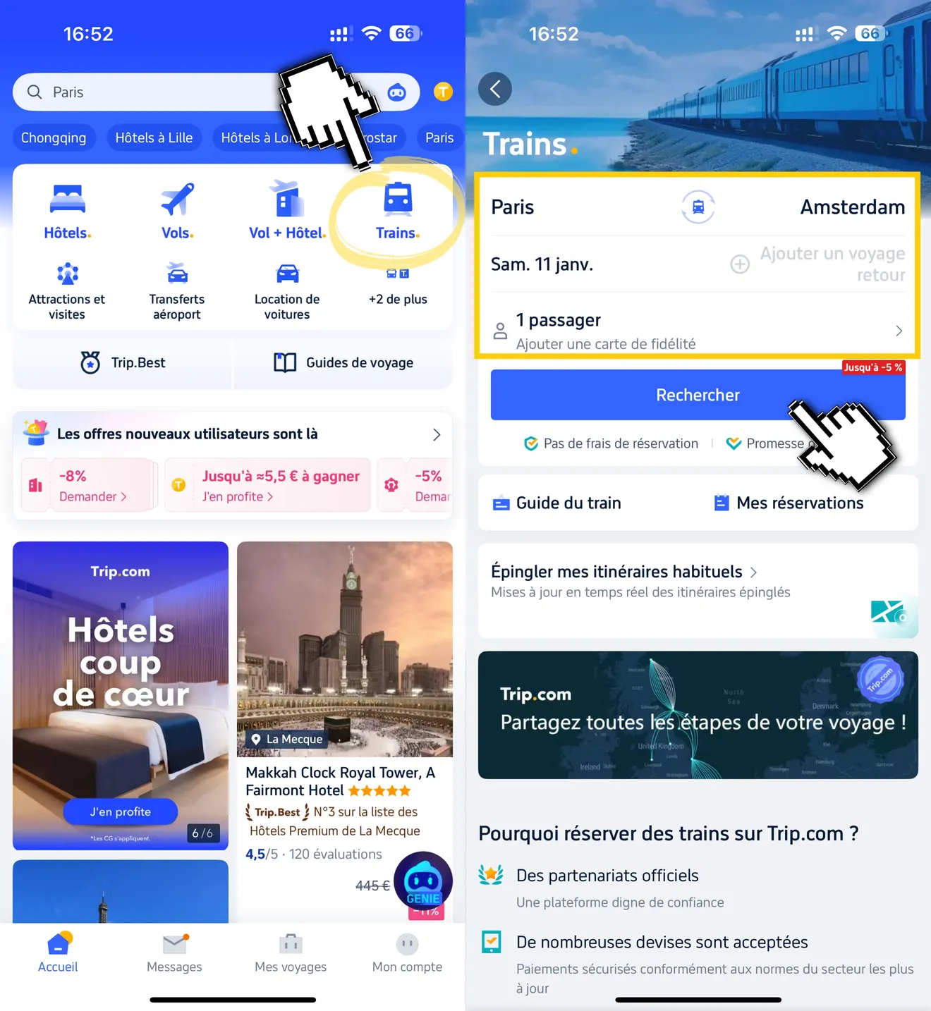 Consultez les horaires des trains sur l'application Trip.com