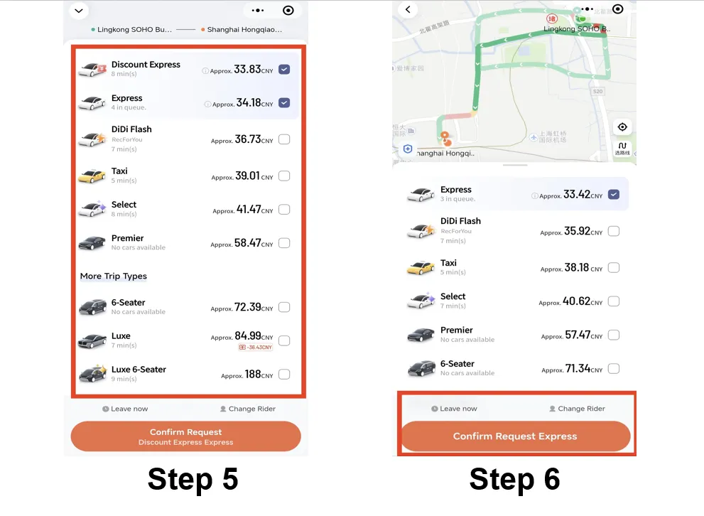 Step 6: Select the taxi type you preferred and click on "Confirm Request Express" to make a ride.