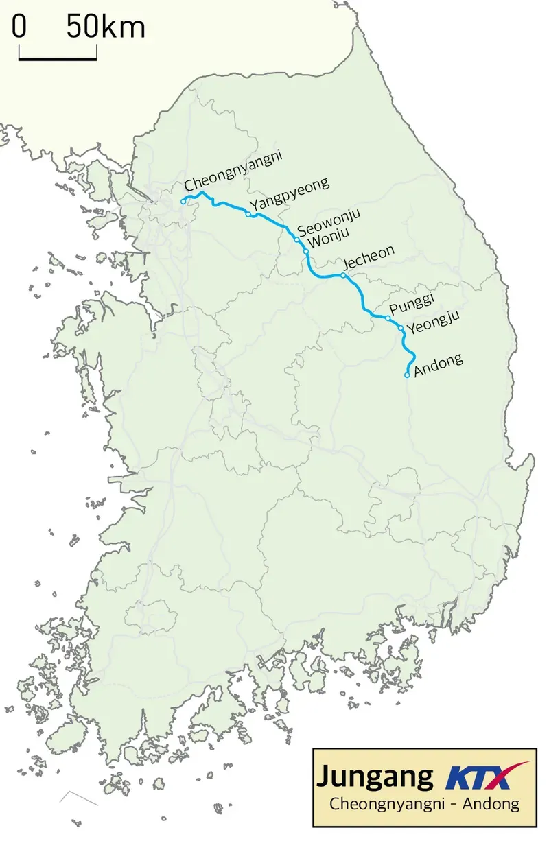 KTX train map: KTX Jungang line