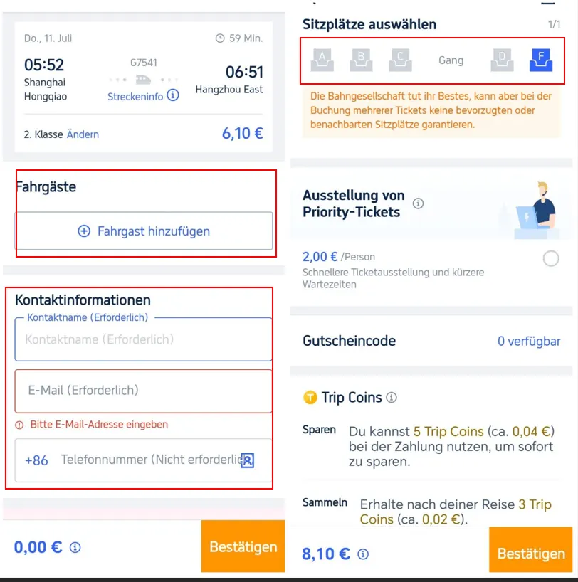 China Zugticket auf der Trip.com App buchen