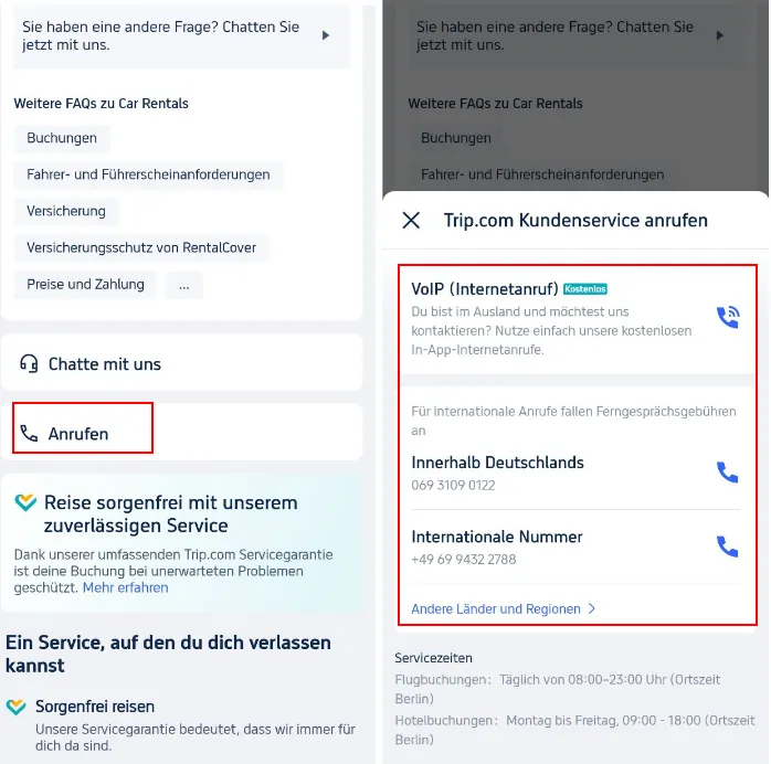Schritt 4: Wähle den Trip.com Telefon-Kundenservice