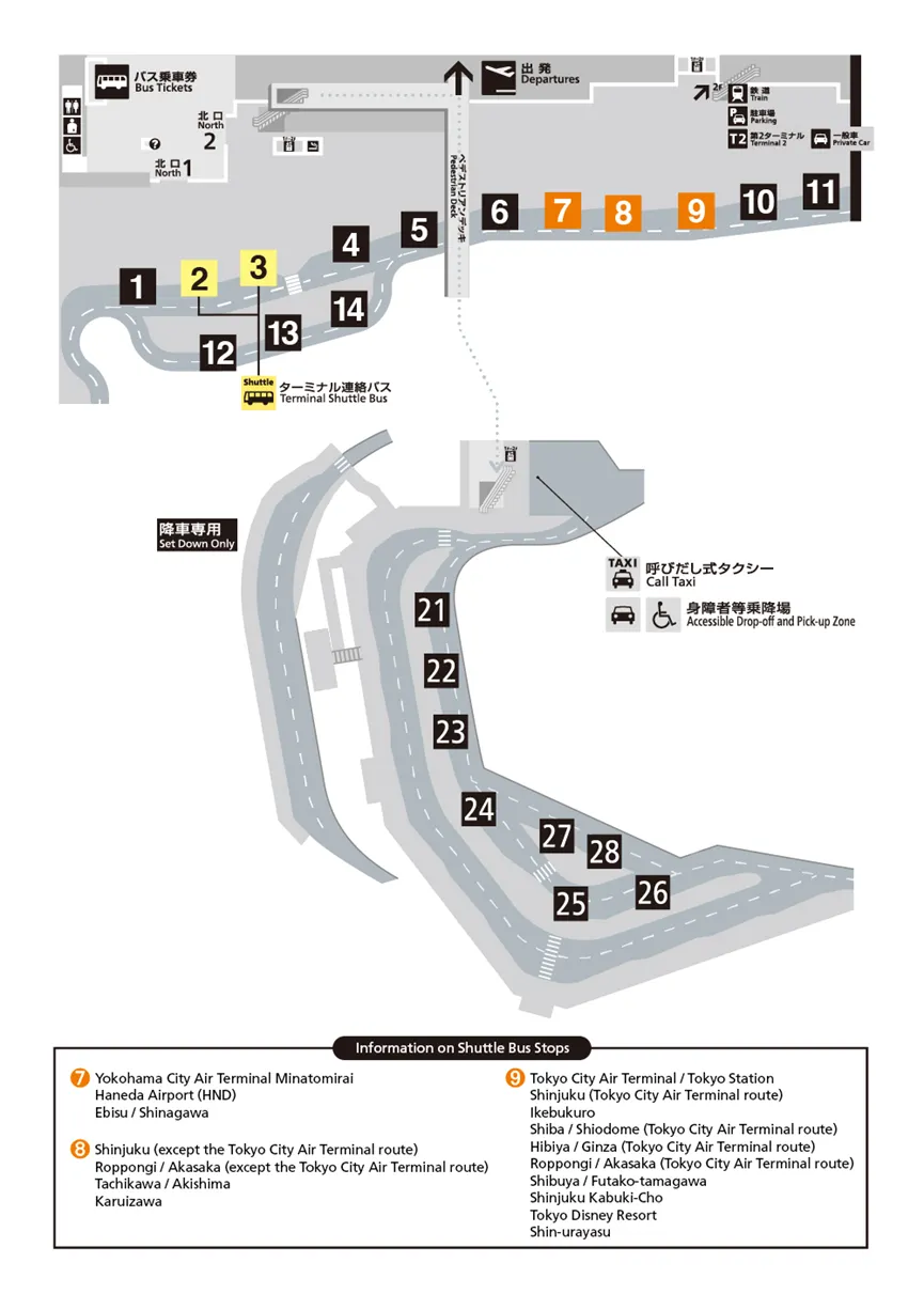 แผนที่จุดรับส่งของรถบัสลีมูซีนที่อาคารผู้โดยสารสนามบินนาริตะ