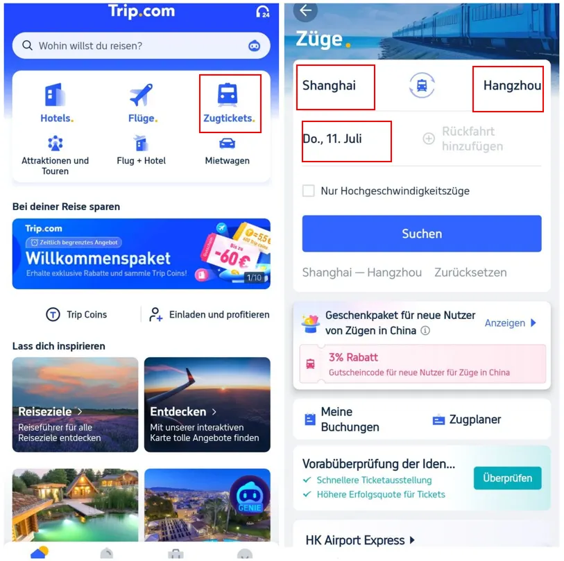 China Zugticket auf der Trip.com App buchen