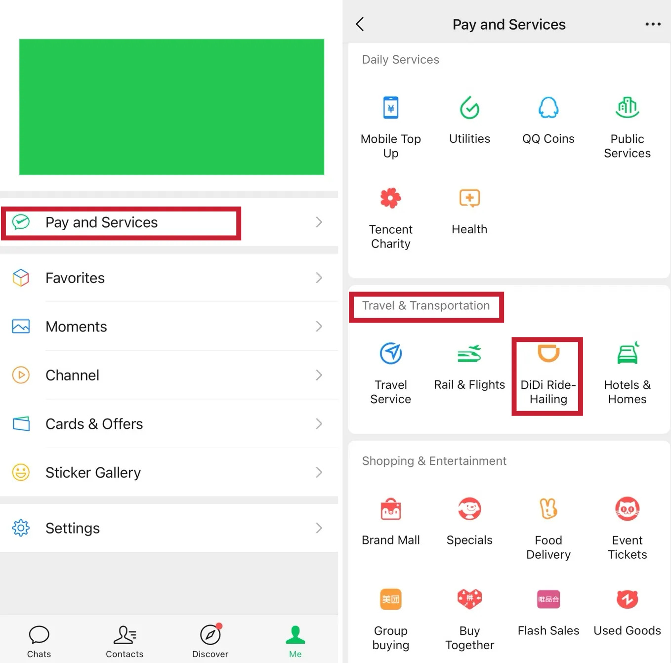 WeChatアプリでタクシー配車サービス「DiDi Ride-Hailing」を開く方法。Pay and Servicesメニュー画面と交通カテゴリの選択画面。