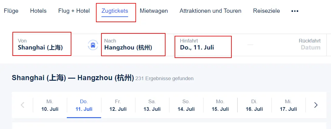 China Zugticket auf der Trip.com Website buchen