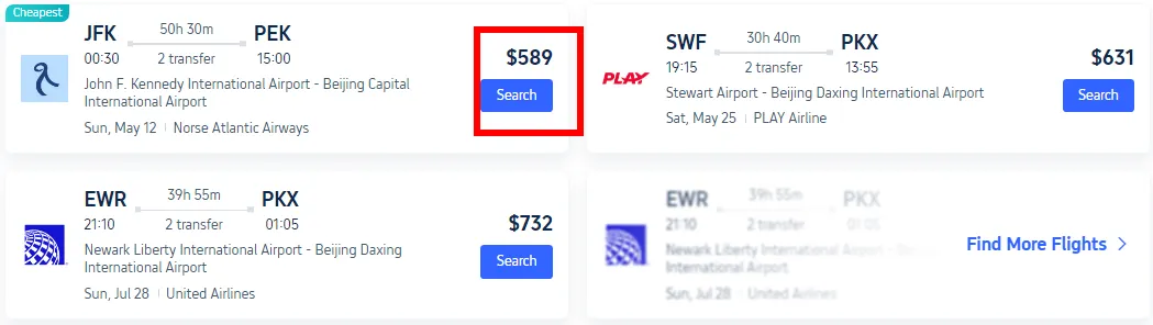 Connecting Flight Price from New York to Beijing
