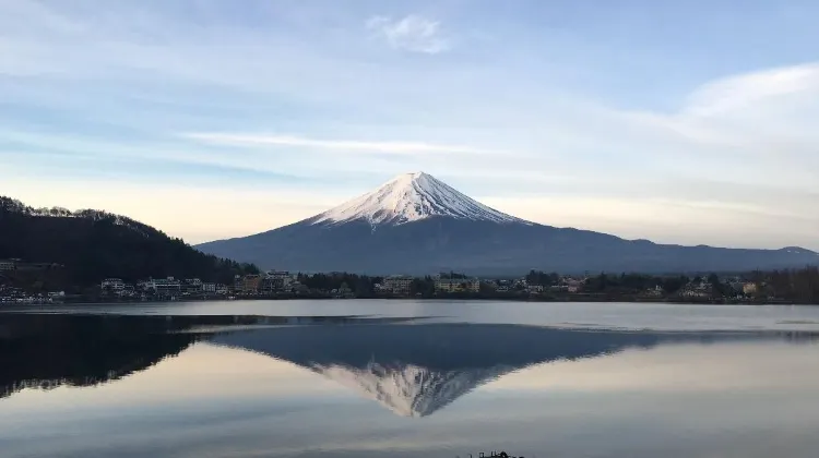 The view of Mount Fuji at sunrise at Lake Kawaguchi