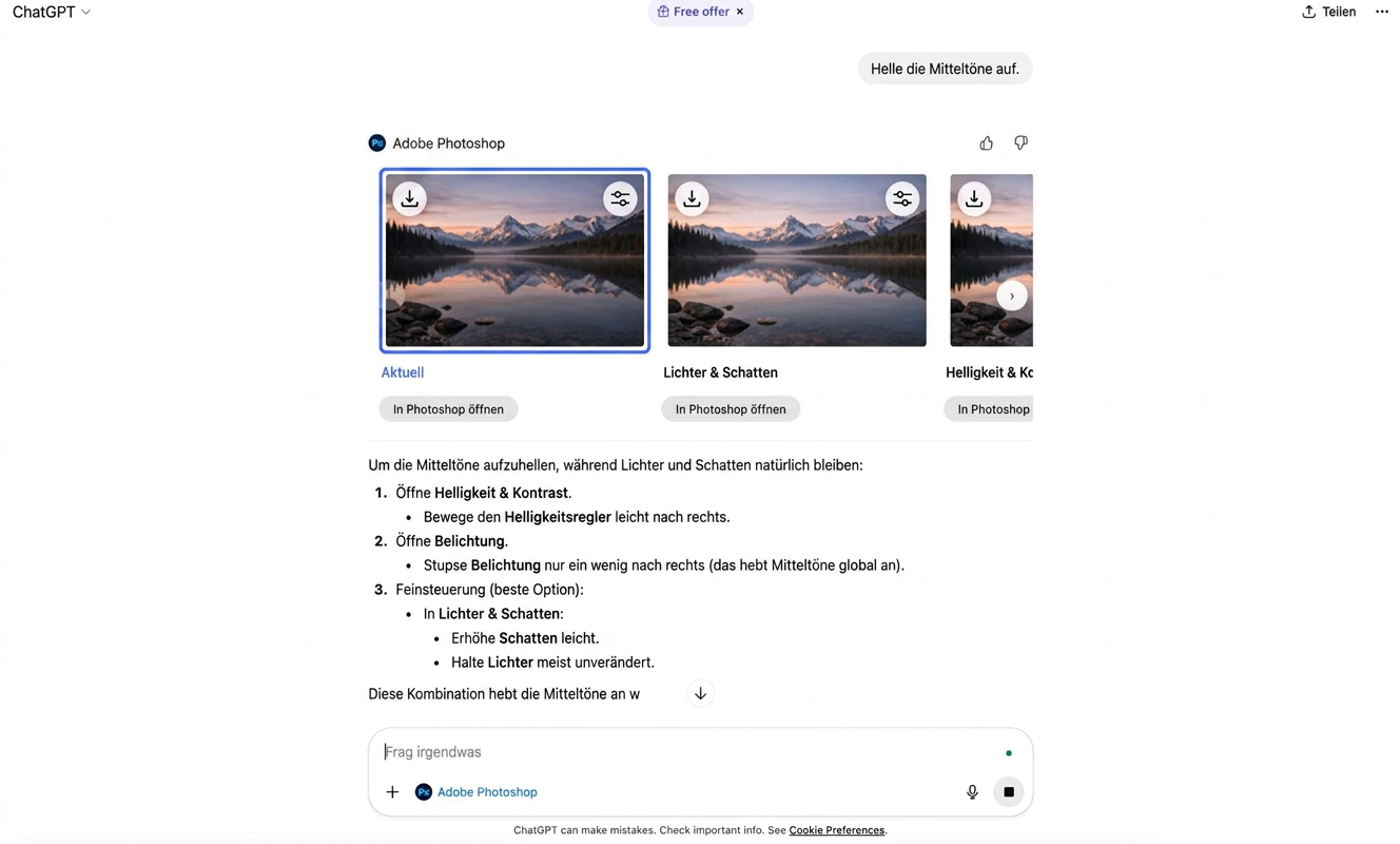 Adobe Photoshop: Bildbearbeitung und visuelle Änderungen in ChatGPT