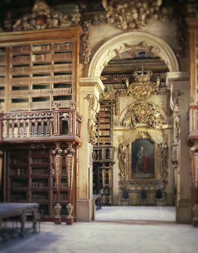 闻名世界的Biblioteca Joanina巴洛克若安尼图书馆，建于1717年，是世界上最古老精美