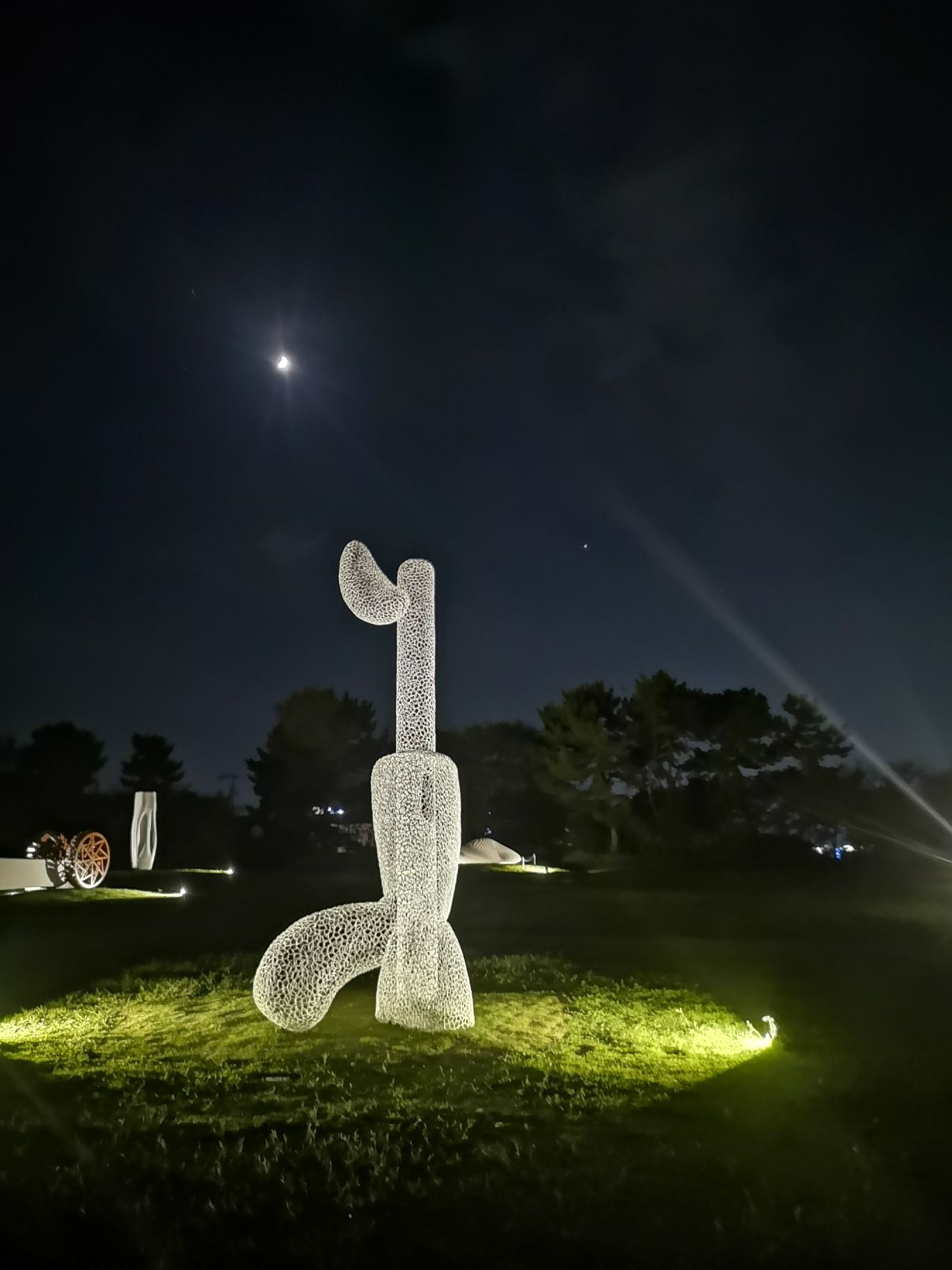 常盘公园植物馆的夜  户外的一个个雕塑，也月光和灯光的映衬下，显得更加精致。室内有“光の道，水の道”