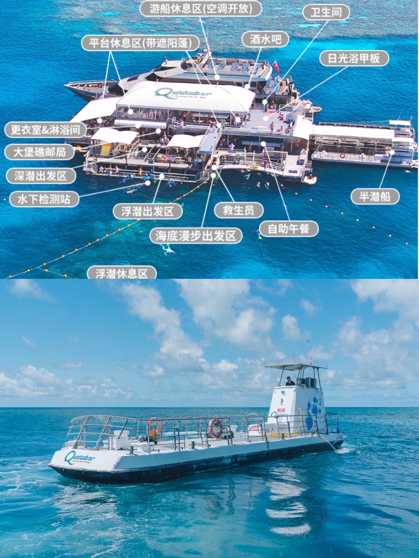 到了大堡礁怎么能不去浮潜呢，坐双层的快艇出海享受各种海上项目还是非常值得推荐的。综合了几个热门的堡礁