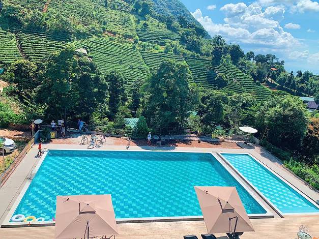 Infinity pool with tea terrace mountain views at Yishan Tea Garden