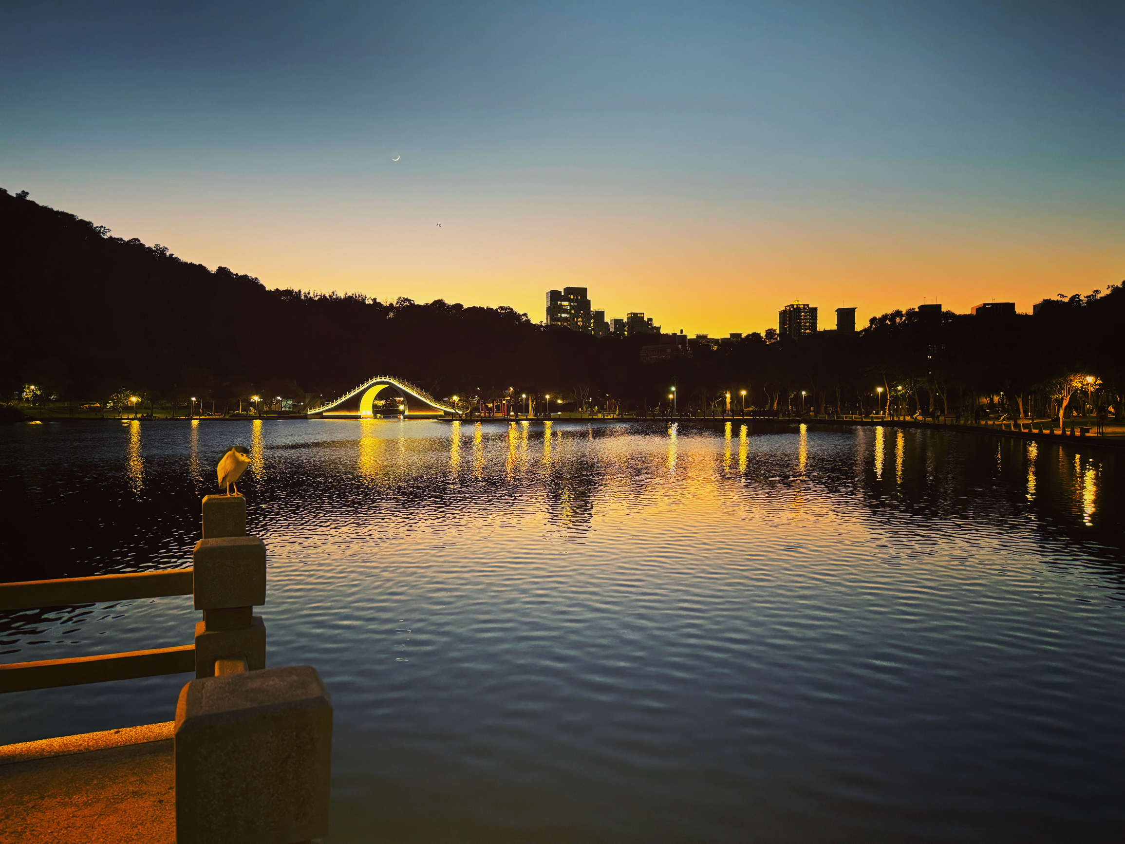 大湖公園的湖面開闊，傍晚時分夕陽餘暉印照在湖中，整個公園呈現出有別於白天時的氛圍。