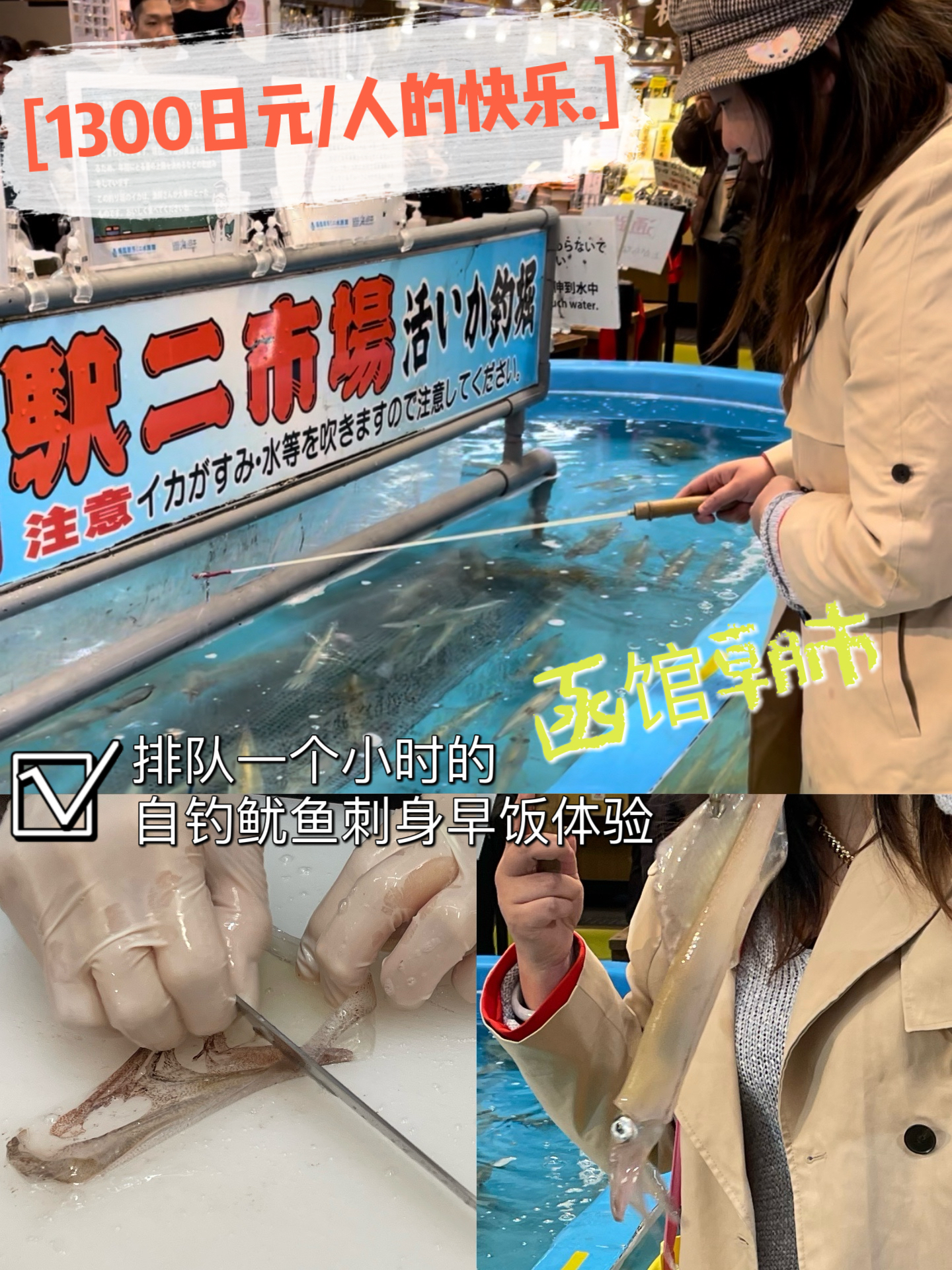 函馆的特色鲜活鱿鱼刺身，自己钓起的风味更佳