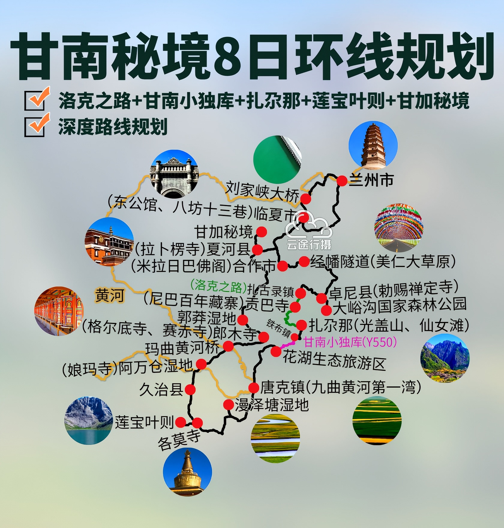 甘南秘境8日环线攻略路线图（原创），洛克之路+甘南小独库公路