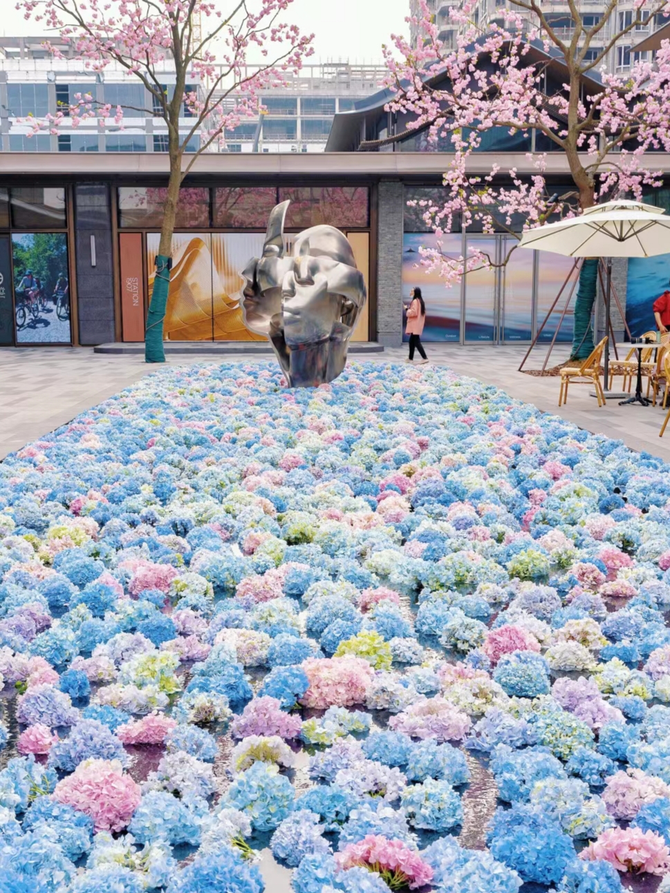 绣球真花直接扔水里……上海赏花有点超前 徐汇滨江太会了，之前的镜花水影，是大丽花，这次配合国际花展，