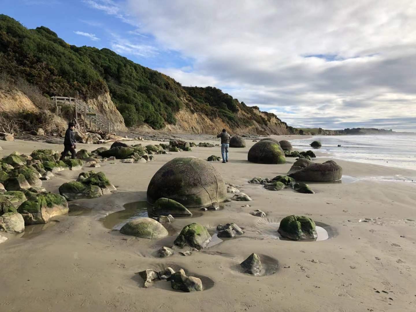 摩拉基大圆石，在东海岸有个叫Moeraki的地方，每当海水退潮时，就会看见有50多个巨大的圆石头露出