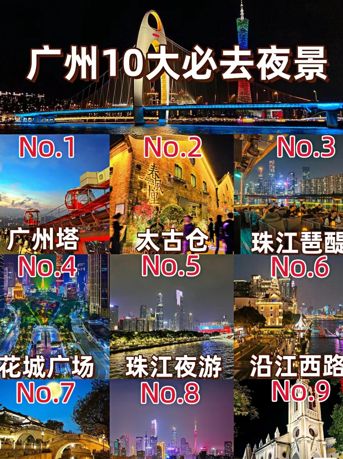 广州必打卡的十大夜景 1广州塔:广州的标志性建筑，在塔顶坐上最高的横向摩天轮，尽览广州城的繁华，36