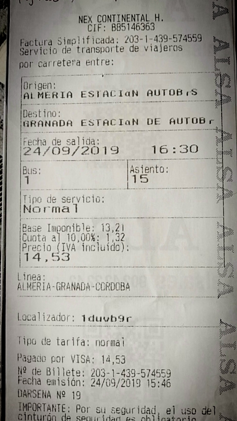 在阿尔梅利亚乘大巴去的格拉那达，14.53欧元。