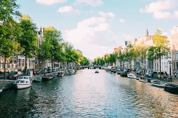 View of canal and boats in Amsterdam