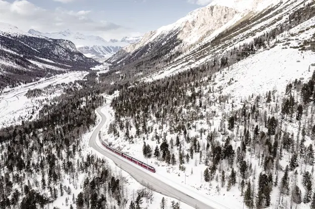 Train travelling on Bernina Express