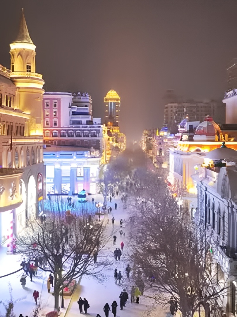 哈尔滨中央大街的夜景，真