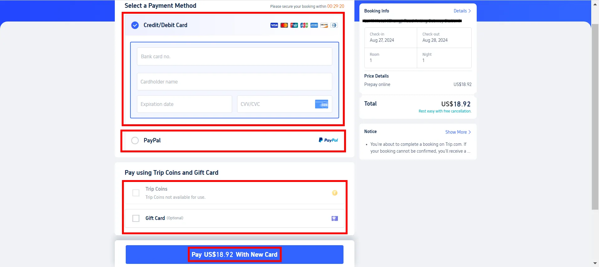 Payment Methods on Trip.com