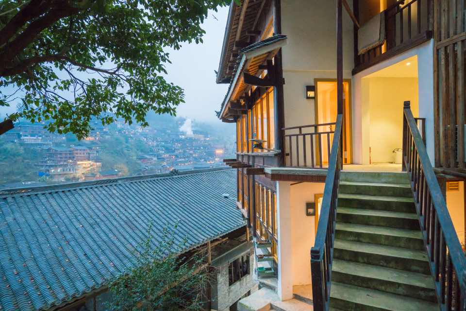 Xijiang Qianhu Miao Village Mountain Stream Small Building Chinese Inn (No. 1 Fengyu Bridge)Over view
