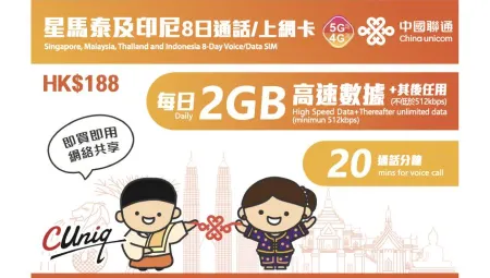 中國聯通 | 星馬泰及印尼8日通話/上網卡(每日2GB)| 新加坡、馬來西亞、泰國、印尼 | 上網卡 | 漫遊數據卡