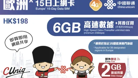 【限時優惠:額外贈送2GB】中國聯通 | 歐洲15日上網卡（6GB）| 旅遊儲值卡 | 數據卡
