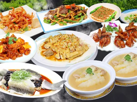 翅湯雲吞煲大花膠+紅燒石歧乳鴿(每客半隻)