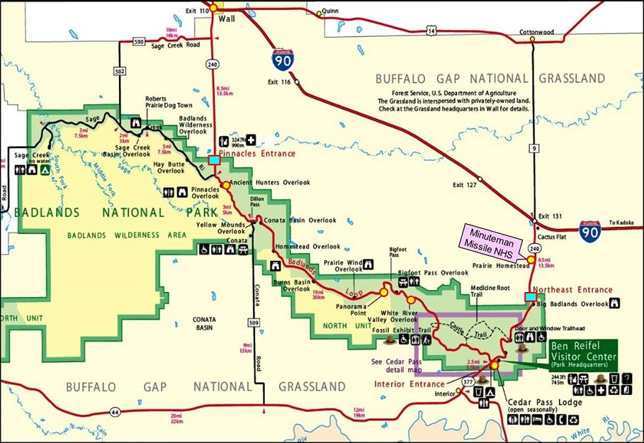 恶地国家公园（Badlands National Park）约980平方公里，一条240号州道从公园